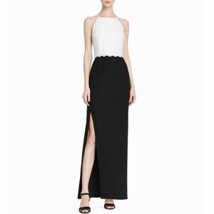 NWT Aidan by Aidan Mattox Lace Halter Popover Crepe Column Gown in Ivory / Black